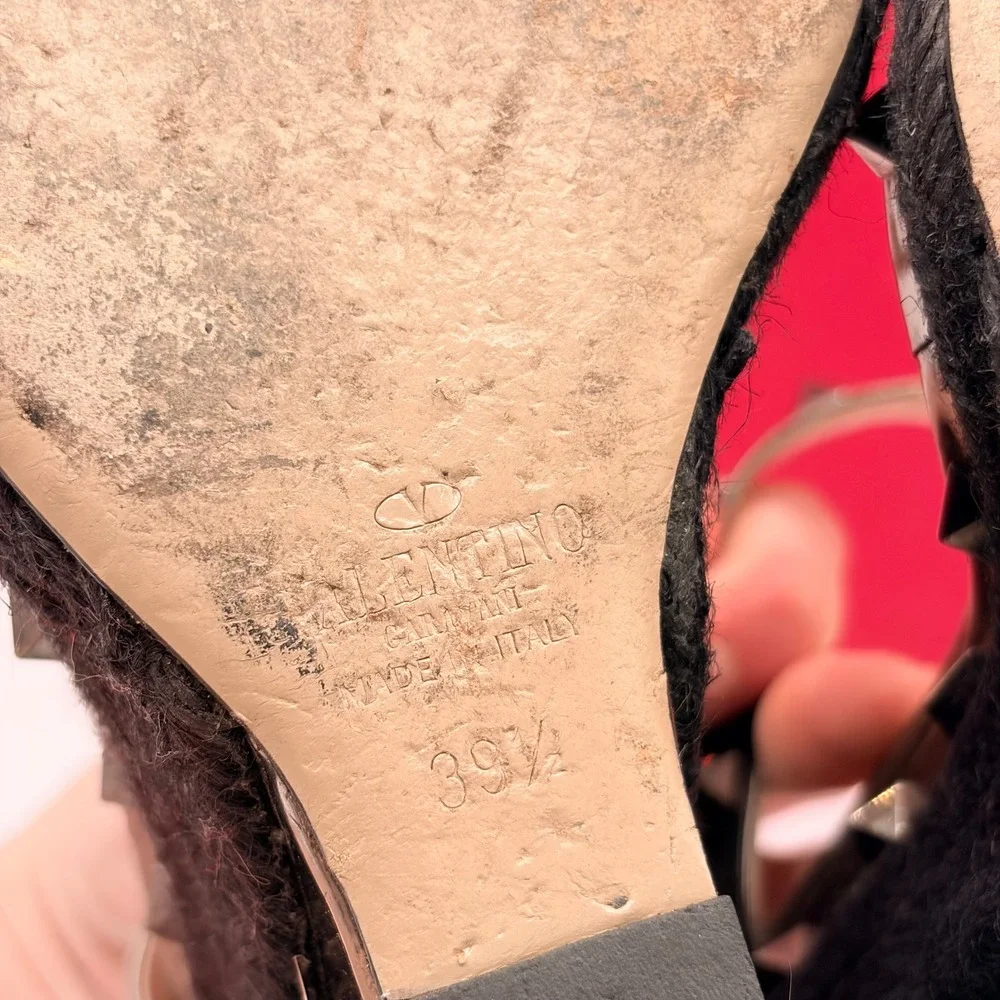 Valentino Rockstud Wedge Sandals 39.5 Gunmetal Metallic Espadrille Heels Box Bag - Picture 9 of 10